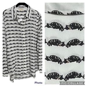 Jane & Delancey Top Sleeping Kitty Cat Print Button Front, Roll Up Sleeve L New